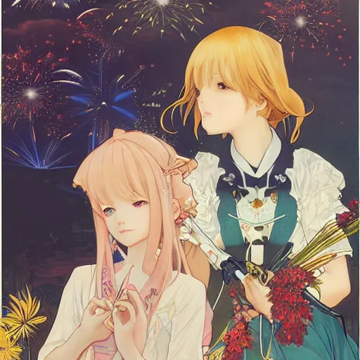 Image similar to two beautiful girls watching fireworks, digital art, by range murata, akiyuki shinbou, alphonse mucha, masamune shirow, josan gonzales, highly detailed, realistic, cinematic, trending on pixiv fanbox