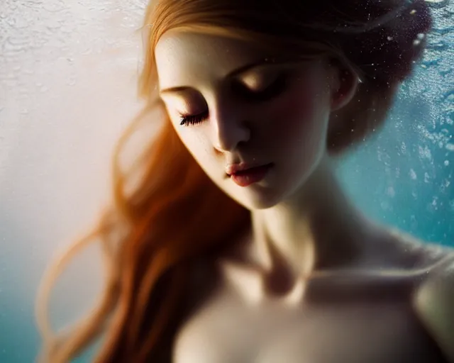 Prompt: beautiful hyperrealistic female portrait, porcelain skin, in long flowy dress, very detailed, underwater, cinematic volumetric lighting, soft bokeh, glow, 8 k, by lexi laine, by wlop, by marvel, by mucha