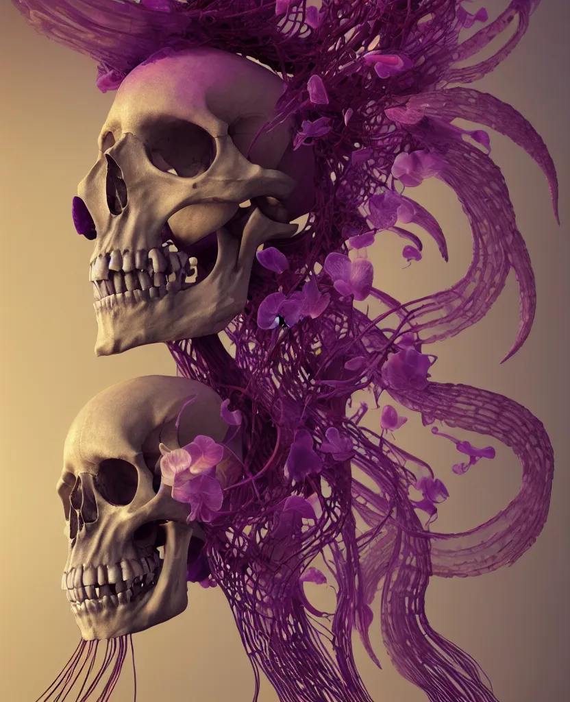 Image similar to goddess close - up portrait human skeleton, ram skull, jellyfish, orchid, betta fish, bioluminiscent, intricate artwork by tooth wu and wlop and beeple. octane render, trending on artstation, greg rutkowski very coherent symmetrical artwork. cinematic, hyper realism, high detail, octane render, 8 k