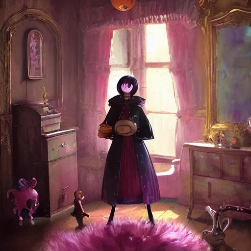 Prompt: coraline in the pink palace, oil painting, Tooth Wu, Greg Rutkowski, RPG portrait, dynamic lighting, anime art