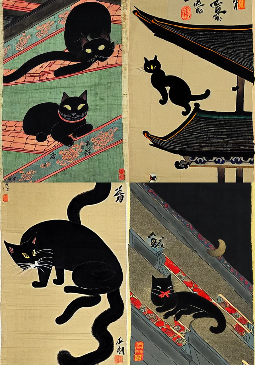 Prompt: black cat sleeping on roof of temple, by Shen Quan (1682—1760), trending on pixiv, HD, hanging scroll, ink and colour on silk, low saturation