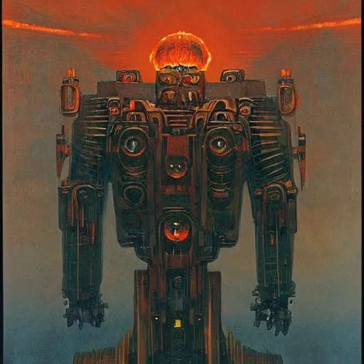 Image similar to giant mayan mecha with flaming eyes standing over city, perfectly clear face, by j. c. leyendecker and beksinski