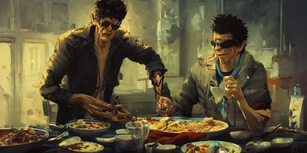 Image similar to cartoonish lou reed eating dinner, vivid colors, character sheet, fine details, concept design, contrast, kim jung gi, greg rutkowski, trending on artstation, 8 k, full body, turnaround, front view, back view, ultra wide angle