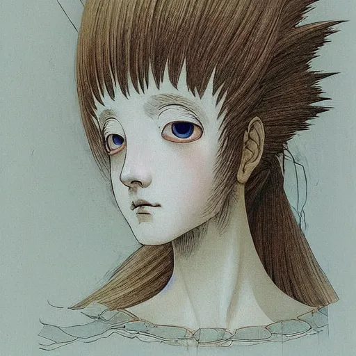 Image similar to prompt: Fragile looking vessel portrait face drawn by Katsuhiro Otomo, inspired by Carlo Dolci, magical and alchemical objects on the side, soft light, white background, intricate detail, intricate ink painting detail, sharp high detail, manga and anime 2000