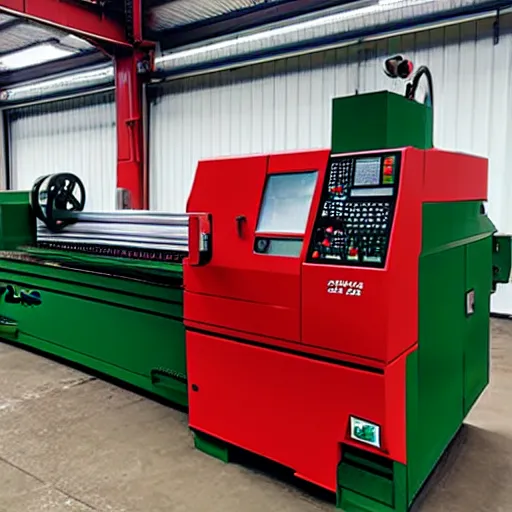 Image similar to cnc lathe from haas st - 3 0 stands in a green field, the sky is bright red with clouds