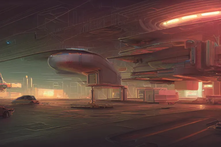 Prompt: Ultra realistic illustration, a run down battered spaceport in the outskirts of Tavlos city, a refuelling station filling up an old transporter waiting to take off, soft neon lights, fuelling cables on the floor, cyberpunk, sci-fi, fantasy, intricate, elegant, highly detailed, digital painting, artstation, concept art, smooth, sharp focus, illustration, dramatic lighting, art by Syd Mead and Giger