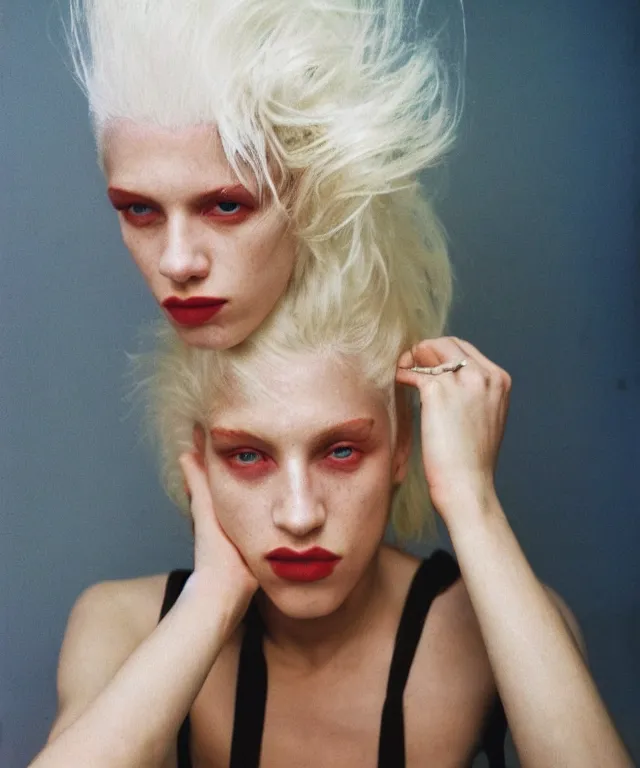 Image similar to a color photograph of a non binary model, platinum blonde, by nan goldin, intense, bold, hyperrealistic, ultra sharp, extra details, ultra high quality, trending on pinteresst