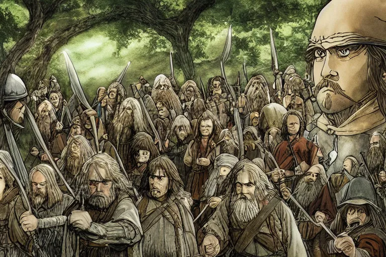 Image similar to tonemapped the fellowship of the ring by hayao miyazaki, highly detailed,