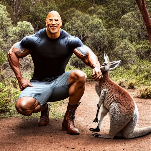 Image similar to dwayne johnson posing with a kangaroo, studio photography, high detail, ultra high detail, 4 k, hdr, 8 k
