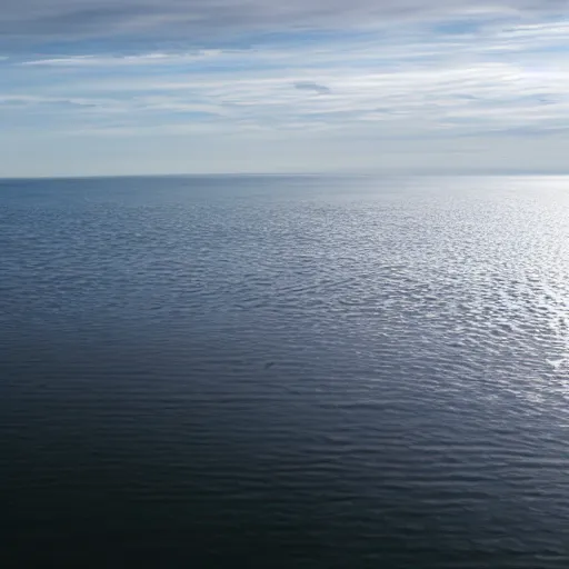 Image similar to a still plain of endless water across the horizon, with a slightly cloudy blue sky above it and reflected within it