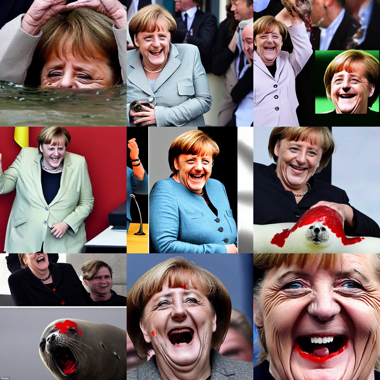 Prompt: angela merkel laughing hysterically with her face covered in blood while clubbing a seal to death, hyper realistic with detailed shadows