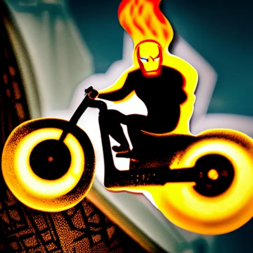 Image similar to portrait of marvel ghost rider driving a rockrider mountain bike, medium shot, realistic