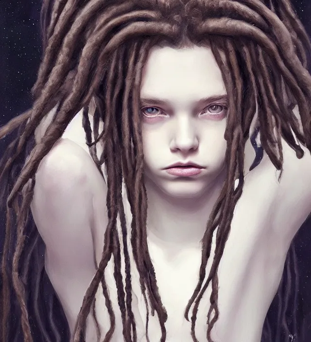 Image similar to portrait of shy teenage fantasy witch, grzegorz rutkowski, symmetry, deep dark forest, dramatic lighting, moody, directional lighting, awkward, intelligent, contemplative, gorgeous dreadlocks in hair, volumetric lighting, symmetrical face, pale girl, nervous, art by alasdair gray, brown hair, hazel eyes, trending on artstation