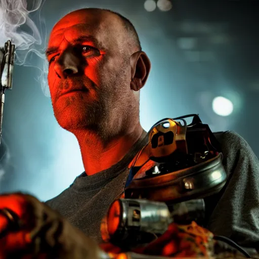 Prompt: balding older cyborg using jeweller's loupe with orange led light, inspecting intricate gun made from rusted cutlery, smoking soldering iron, dark messy cluttered workshop, dark, dramatic lighting, cinematic, highly detailed, sci - fi, futuristic, movie still from blade runner