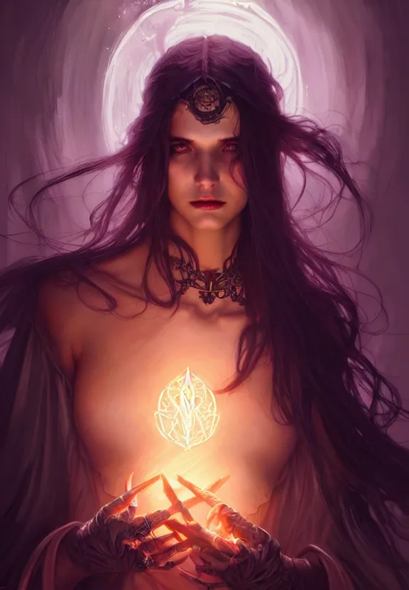 Image similar to Necromancer Sorceress in center, fantasy magic, undercut hairstyle, dark light night, intricate, elegant, sharp focus, illustration, highly detailed, digital painting, concept art, matte, art by WLOP and Artgerm and Greg Rutkowski and Alphonse Mucha, masterpiece