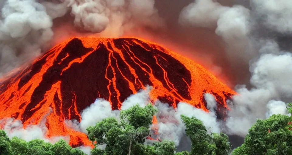 Image similar to a volcano made of ivory vines and crimson rocks enters in eruption, it spits a smoke in the shape of demonic eye, from One piece