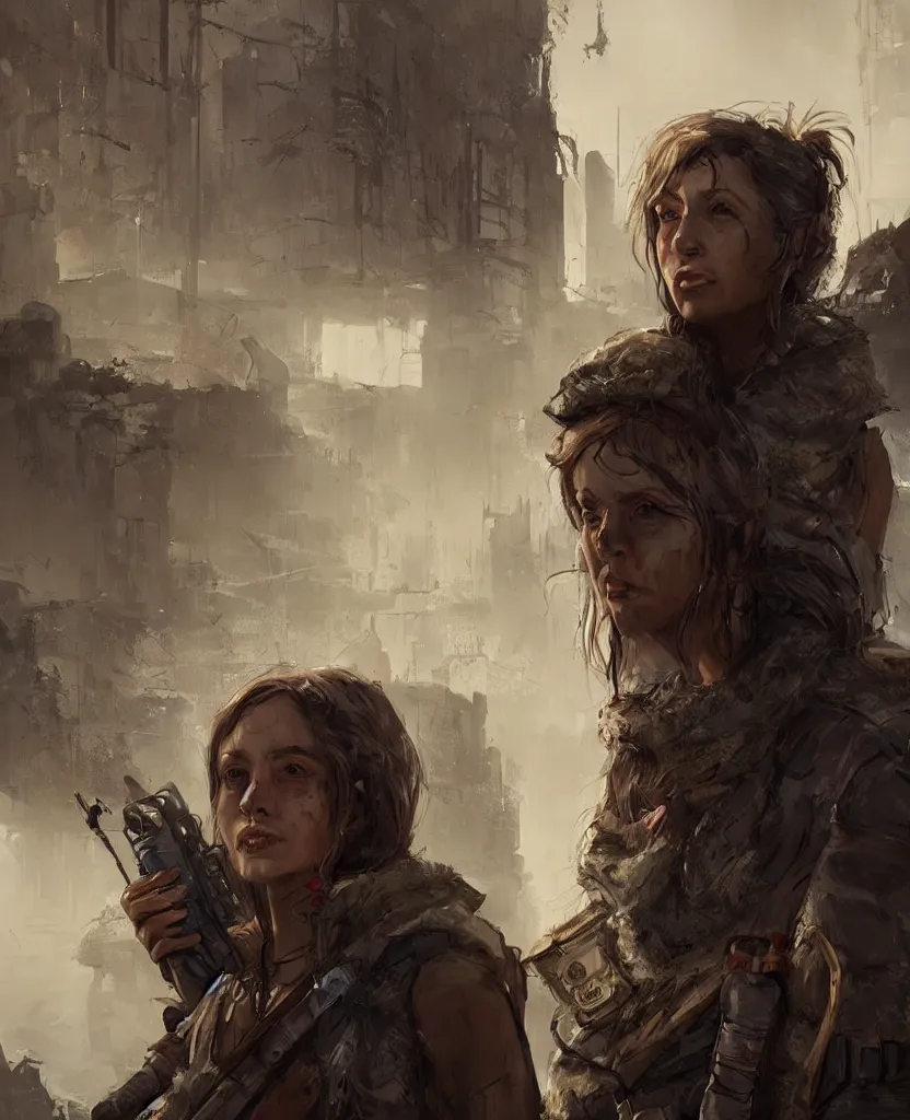 Image similar to portrait of survivalist woman in a post apocalyptic city, beautiful concept art trending on artstation by senior concept artist