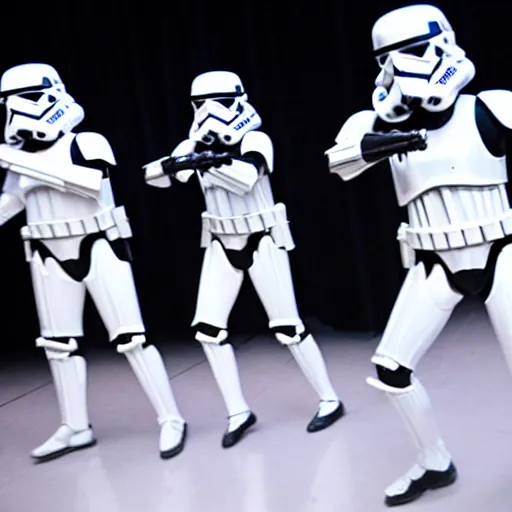 Prompt: star wars theater show stormtroopers can can dancing