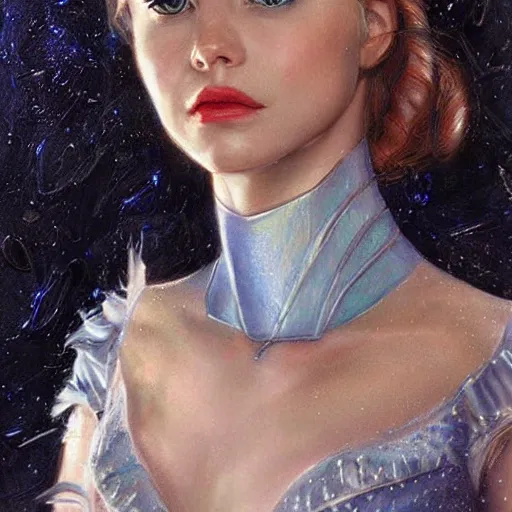 Image similar to realistic portrait charming beautiful painting from Cinderella film scene, when Cinderella become Terminator T1000. Horror, created by Raffaello Sanzi.