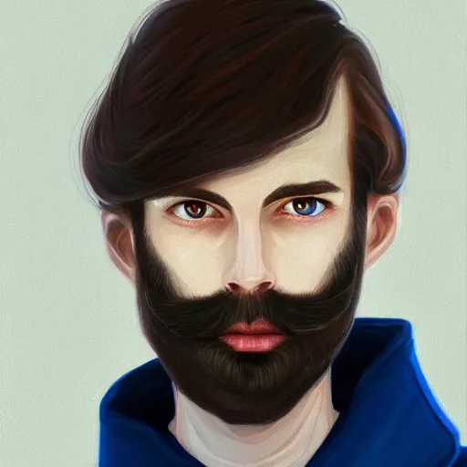 Image similar to gangly man with short dark blond wavy hair, dark blond trimmed beard, English heritage, blue eyes, middle aged, wearing a turtleneck and jacket, pale skin, narrow face, digital art, painterly, cartoon, cute, 8k, illustration, art by loish, painterly, trending on artstation, medium shot, uncropped