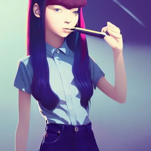 Image similar to urban high school girl in shirt fanart, dark blue long hair, muted colors, matte print, pastel colors, ornate, digital art, digital painting, fan art, elegant, artstation, by Ilya Kuvshinov