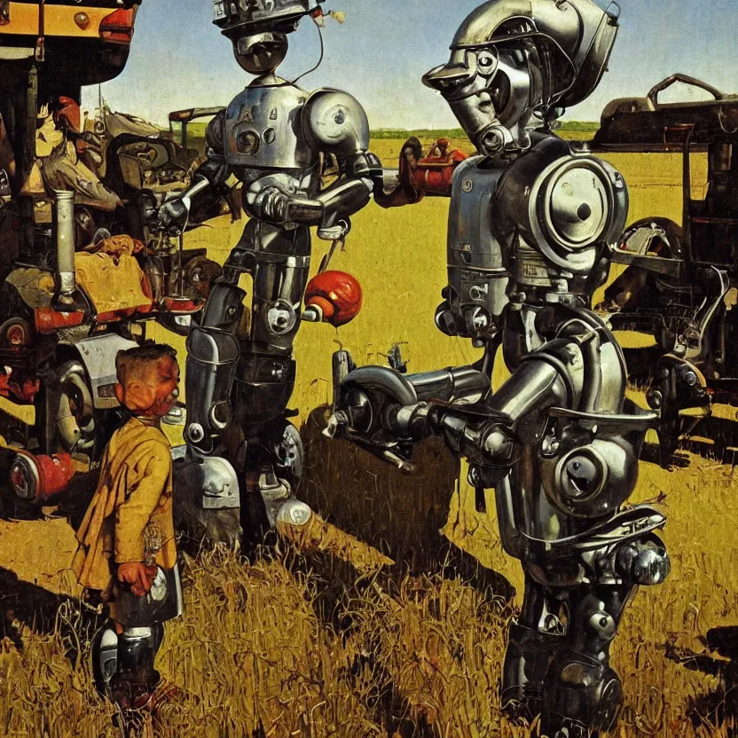 Prompt: portrait painting of a robot made of shiny reflective chrome, painted by norman rockwell. agricultural scene. pulp sci - fi art for omni magazine. high contrast. dark background. baroque period, oil on canvas. renaissance masterpiece. trending on artstation. retrofuturism.