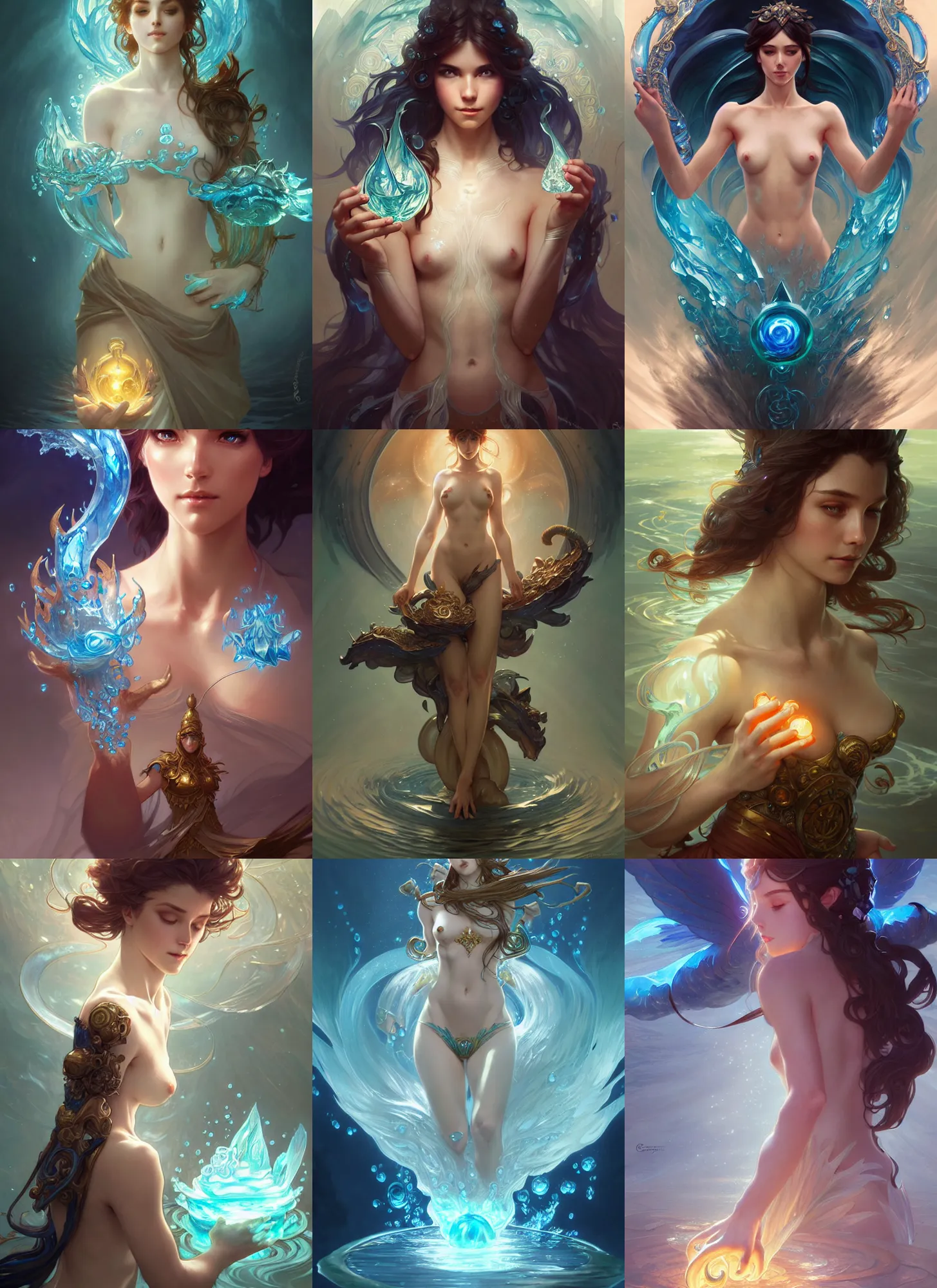 Image similar to summoner with a cute water elemental, fantasy, intricate, elegant, highly detailed, digital painting, artstation, concept art, wallpaper, smooth, sharp focus, illustration, art by artgerm and greg rutkowski and alphonse mucha