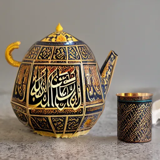 Prompt: Arabic calligraphy, Moroccan tea set, product design by pollock