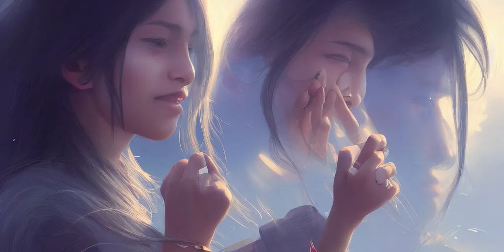 Prompt: Young Himalayan woman, somber white eyes, long ashy hair, gentle lighting, in a small space shuttle, dim lighting, digital art by Makoto Shinkai ilya kuvshinov and Wojtek Fus, digital art, concept art,