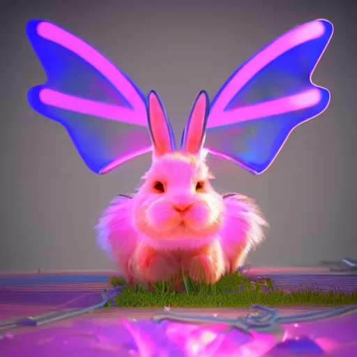 Image similar to neon fluorescent, iridescent cute bunny rabbits with fairy wings cyperpunk 2 0 7 7, unreal engine 5, 8 k ultra realistic, hyperdetailed, volumetric lighting, extremely high quality