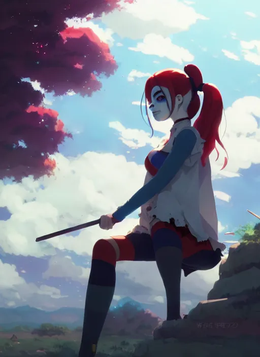 Image similar to portrait of harley quinn, cloudy sky background lush landscape illustration concept art anime key visual trending pixiv fanbox by wlop and greg rutkowski and makoto shinkai and studio ghibli