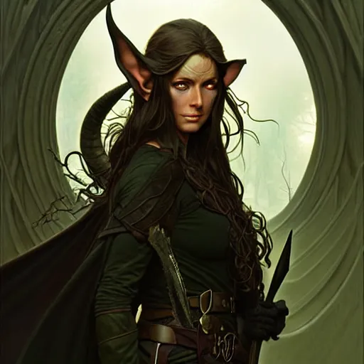 Image similar to portrait of a elven ranger, dark, piercing eyes, gentle expression, witchy clothing, photorealistic, highly detailed, artstation, smooth, sharp focus, art by michael whelan, artgerm, greg rutkowski and alphonse mucha