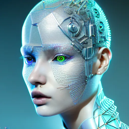 Image similar to portrait of an absurdly beautiful, graceful, sophisticated, fashionable cyberpunk mechanoid gravure idol, hyperdetailed illustration by irakli nadar, matt wisniewski style, intricate linework, white porcelain skin, iridescent fractal headdress, day - glow facepaint, unreal engine 5 highly rendered, global illumination, blue light, detailed and intricate environment