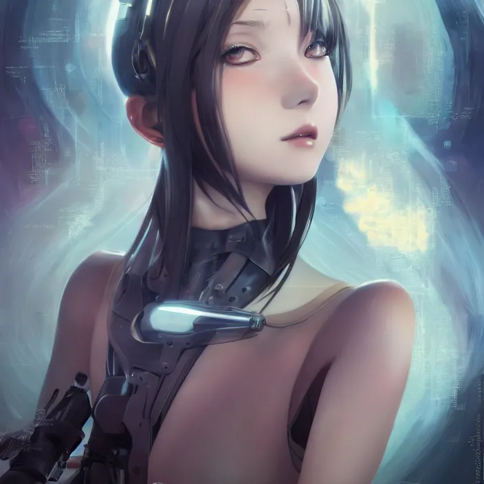 Image similar to beautiful anime girl cyborg looking surreal - by tom bagshaw, by ilya kuvshinov, rtx rendering, octane render 1 2 8 k, maya, extreme high intricate details by wlop, digital anime art by ross tran, medium shot, close up shot, composition by sana takeda, dramatic lighting by greg rutkowski, 8 k, trending on artstation