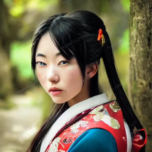 Image similar to face photo of a japanese shrine maiden, young beautiful woman, award winning photo, stunning scenery, high definition, 8 k, dynamic lighting