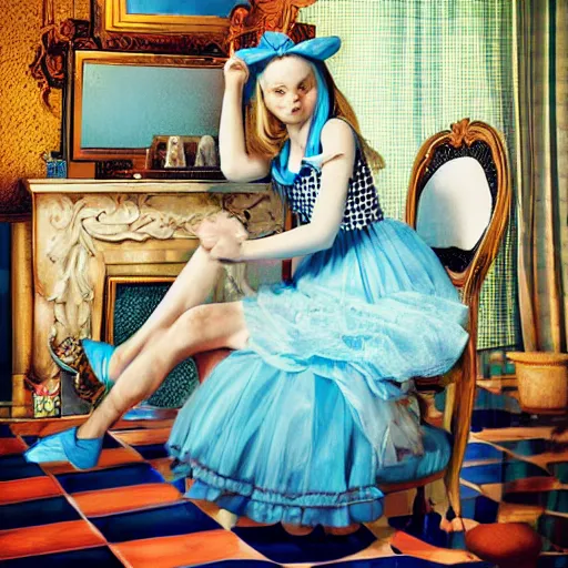 Prompt: alice in the wonderland, sitting, checkered floor, chair, blue dress, blonde by cheval michael