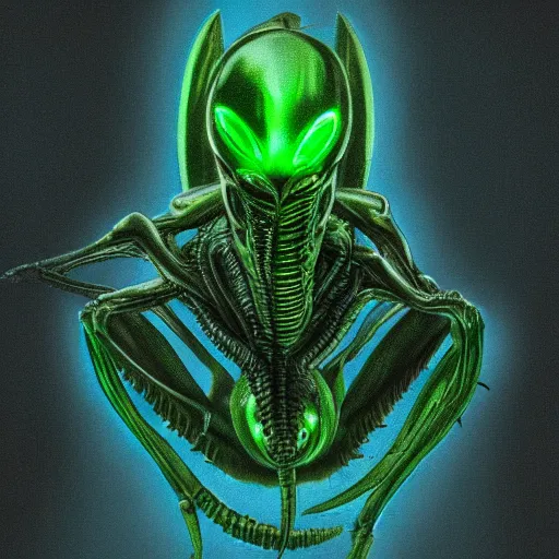 Image similar to xenomorph carrying ovomorph in xenomorph hive, dark, green light, photorealistic