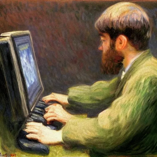 Image similar to monet painting of a frustrated man playing a first person shooter on a computer, highly detailed, realistic,