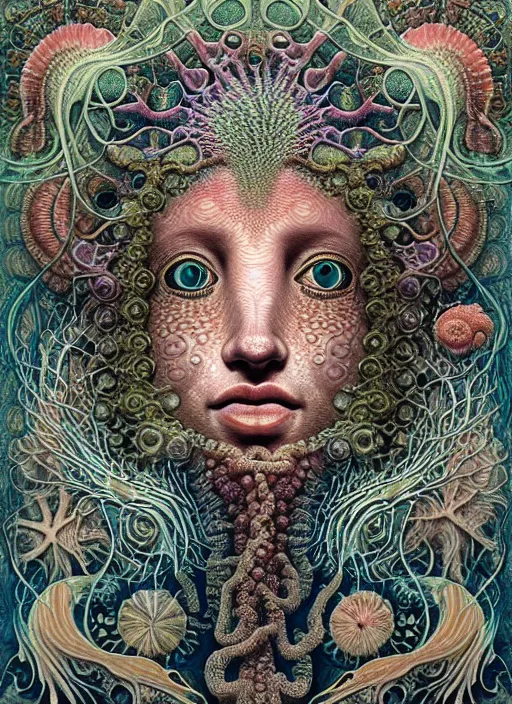 Image similar to realistic detailed underwater face portrait of the beutiful young goddess of the fish of the fractal waters with an intricate headdress of corals, sea kelp, sea plants, coral reef, fish, jellyfish, art by ernst haeckel, zdzisław beksinski, hieronymus bosch, gothic, neo - gothic, ornamental, beautiful deep colours,