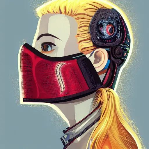 Image similar to Beautiful cyberpunk girl with blond hair wearing a mask profile picture by Mandelbrot, Benoit B., asymmetrical, Organic Painting , Matte Painting, geometric shapes, hard edges, street art, symmetric face, symmetric azure eyes, trending on the artstation:2 by Sachin Teng:4