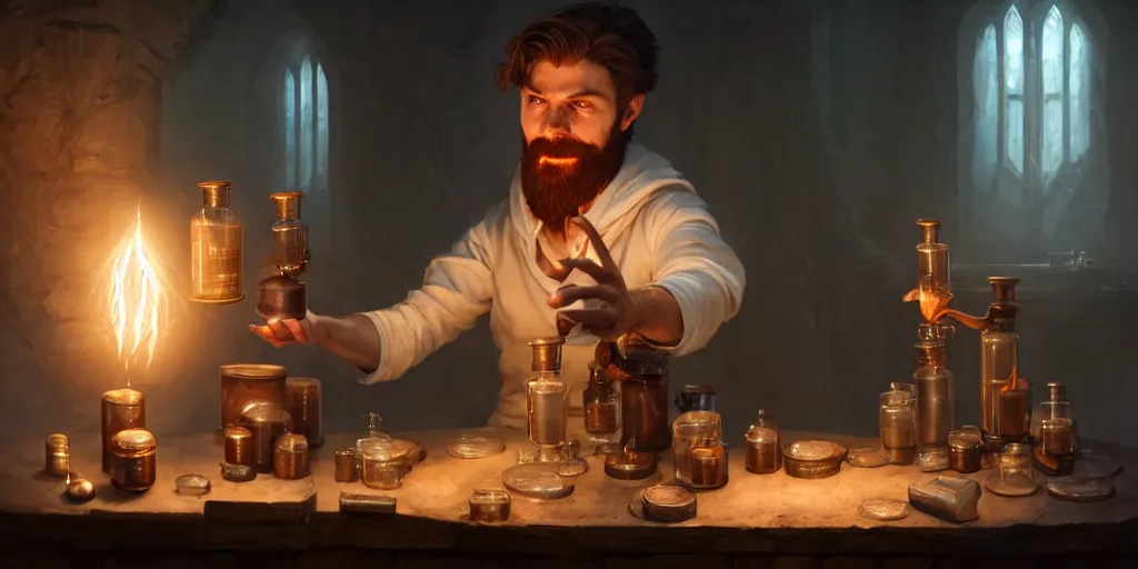 Prompt: a handsome bearded white male sorcerer with brown hair he is casting a spell from his hands, he is in a alchemist workshop filled with beakers and equipment, neutral pose, sharp focus, waist up, 4 k, by greg rutkowski, rudy siswanto and anna podedworna