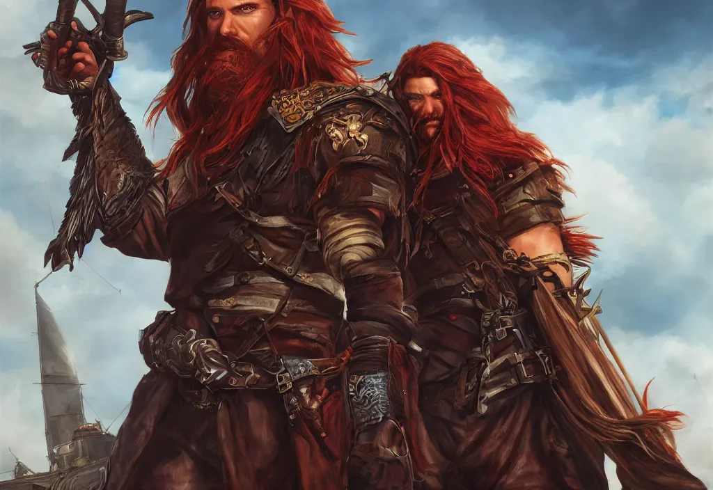 Prompt: character sheet : an epic fantasy comic book style portrait painting of a long haired, red headed male sky - pirate in front of an airship, unreal 5, daz, hyperrealistic, octane render, cosplay, rpg portrait, dynamic lighting