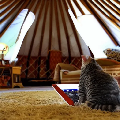 Prompt: photo of an american indian yurt of a cat playing ipad