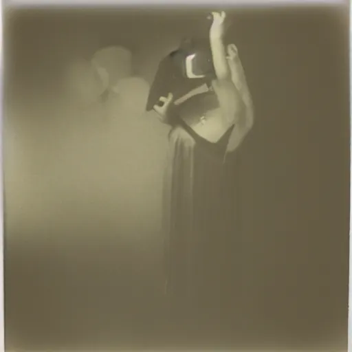 Image similar to an ancient demon-girl using a VR headset, mist , 1910 Polaroid photo, Black and white