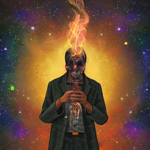 Image similar to inner worlds outer worlds spirituality multiverse man smoking cigar, cigar smoke becoming galactic