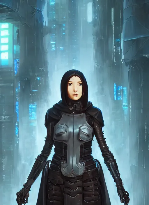 Image similar to strong female cyberpunk hacker in leather armor and cloak, path traced, highly detailed, high quality, digital painting, concept art, t - pose, by studio ghibli and alphonse mucha, leesha hannigan, makoto shinkai, disney