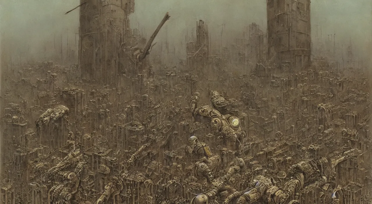 Image similar to dystopian steampunk robots harvesting humans, post apocalyptic, third reich vibes, by vladislav beksinski