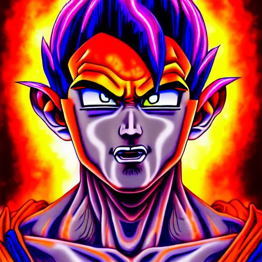 Prompt: An extremely psychedelic portrait of Goku, surreal, LSD, face, detailed, intricate, elegant, lithe, highly detailed, digital painting, artstation, concept art, smooth, sharp focus, illustration