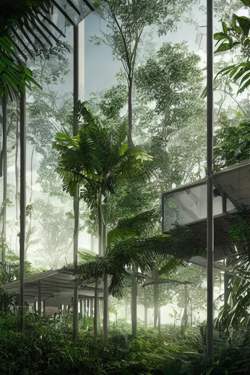 Image similar to architecture inspired by renzo piano deep in the rainforest. nature is taking over. upside down. metabolism. matte painting. octane render. hdr. volumetric lighting. global illumination. atmospheric.