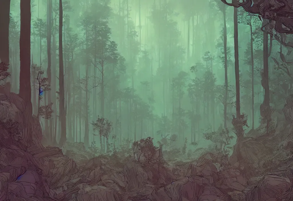 Image similar to handmade illustration of a forest landscape, line art, ink, watercolor by Kilian Eng and by Jake Parker, atmospheric!! and vaporwave composition, winning-award masterpiece, fantastic, octane render, 8K HD Resolution, High quality image